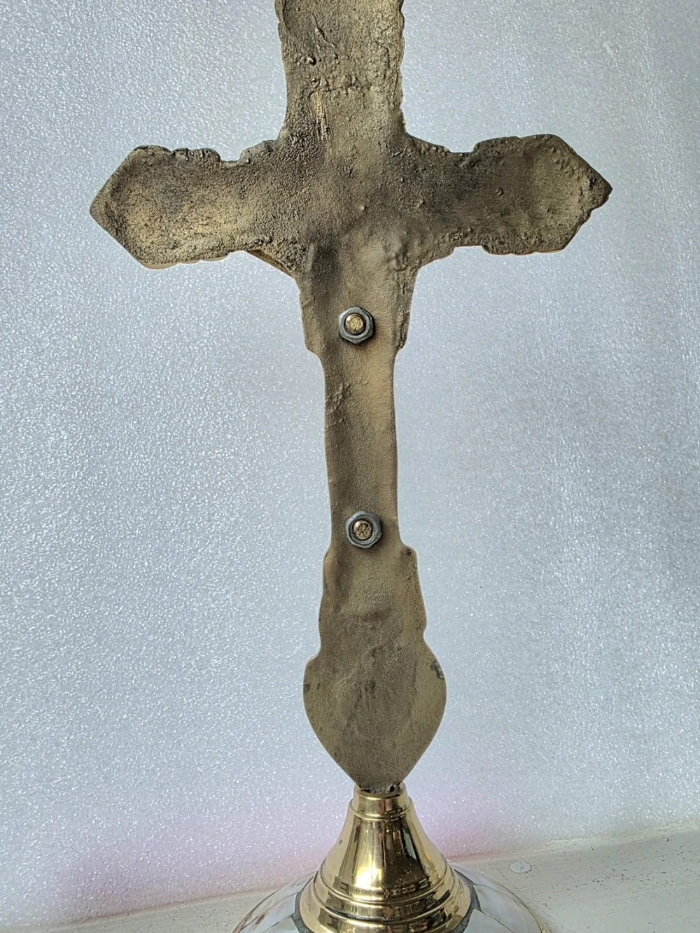 Vintage Brass & Mother of Pearl Standing Crucifix - Altar Tabletop Cross, 10